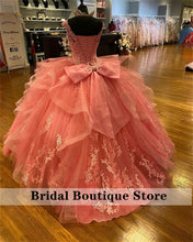 Load image into Gallery viewer, Charming V Neck Quinceanera Dresses Appliques Lace Up Tulle Illusion Tiered Sweet 16 Dress Princess Gowns with Bow