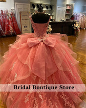 Load image into Gallery viewer, Charming V Neck Quinceanera Dresses Appliques Lace Up Tulle Illusion Tiered Sweet 16 Dress Princess Gowns with Bow