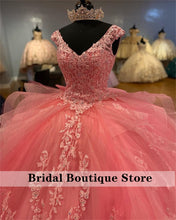 Load image into Gallery viewer, Charming V Neck Quinceanera Dresses Appliques Lace Up Tulle Illusion Tiered Sweet 16 Dress Princess Gowns with Bow