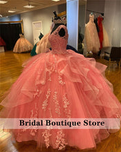 Load image into Gallery viewer, Charming V Neck Quinceanera Dresses Appliques Lace Up Tulle Illusion Tiered Sweet 16 Dress Princess Gowns with Bow