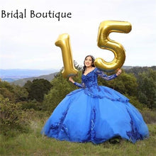 Load image into Gallery viewer, Royal Blue Long Sleeves Quinceanera Dress V-neck Crystal Beaded Sequins Vestidos Para XV Años Sweet 16 Dress robe de soirée