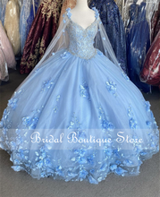 Load image into Gallery viewer, Light Sky Blue Quinceanera Dresses With Cape 2021 Sequins Beads 3D Flowers Backless Princess Sweet 16 Gown Vestidos De 15 Años