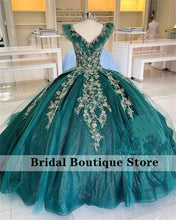 Load image into Gallery viewer, Glitter Green Ball Gown Quinceanera Dresses Cap Sleeve Crystal Beaded Appliques Pleats vestidos de quinceañera Sparkly Dress