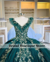 Load image into Gallery viewer, Glitter Green Ball Gown Quinceanera Dresses Cap Sleeve Crystal Beaded Appliques Pleats vestidos de quinceañera Sparkly Dress