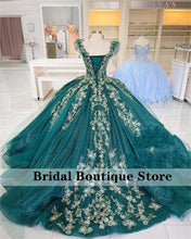 Load image into Gallery viewer, Glitter Green Ball Gown Quinceanera Dresses Cap Sleeve Crystal Beaded Appliques Pleats vestidos de quinceañera Sparkly Dress