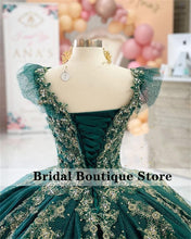 Load image into Gallery viewer, Glitter Green Ball Gown Quinceanera Dresses Cap Sleeve Crystal Beaded Appliques Pleats vestidos de quinceañera Sparkly Dress