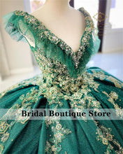Load image into Gallery viewer, Glitter Green Ball Gown Quinceanera Dresses Cap Sleeve Crystal Beaded Appliques Pleats vestidos de quinceañera Sparkly Dress