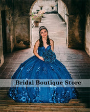 Load image into Gallery viewer, Blue Lace-Up Sweetheart Ball Gown Quinceanera Dresses Tulle Appliques Beaded Pageant Corset Dress vestido de 15 anos XV