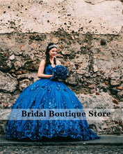 Load image into Gallery viewer, Blue Lace-Up Sweetheart Ball Gown Quinceanera Dresses Tulle Appliques Beaded Pageant Corset Dress vestido de 15 anos XV