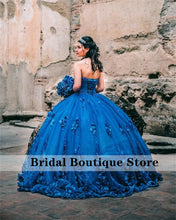 Load image into Gallery viewer, Blue Lace-Up Sweetheart Ball Gown Quinceanera Dresses Tulle Appliques Beaded Pageant Corset Dress vestido de 15 anos XV