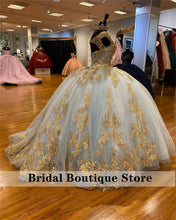 Load image into Gallery viewer, Stunning Tulle Quinceanera Dresses With Golden Appliques Cap Sleeve Pearls Sweet 16 Prom Gowns