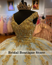 Load image into Gallery viewer, Stunning Tulle Quinceanera Dresses With Golden Appliques Cap Sleeve Pearls Sweet 16 Prom Gowns