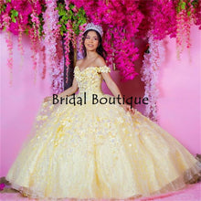 Load image into Gallery viewer, Light Yellow Quinceanera Dresses Flowers 2021 Floral Lace Off Shoulder Lace-up Graduation Dress For High School