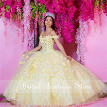 Load image into Gallery viewer, Light Yellow Quinceanera Dresses Flowers 2021 Floral Lace Off Shoulder Lace-up Graduation Dress For High School