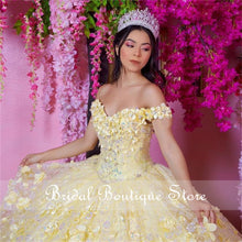 Load image into Gallery viewer, Light Yellow Quinceanera Dresses Flowers 2021 Floral Lace Off Shoulder Lace-up Graduation Dress For High School