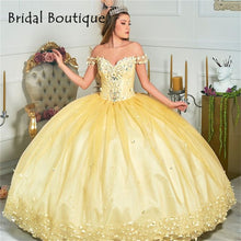Load image into Gallery viewer, Princess Yellow Quinceanera Dress 2021 Off Shoulder Appliques Lace Party Prom Sweet 16 Gown Vestidos De 15 Años