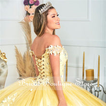 Load image into Gallery viewer, Princess Yellow Quinceanera Dress 2021 Off Shoulder Appliques Lace Party Prom Sweet 16 Gown Vestidos De 15 Años