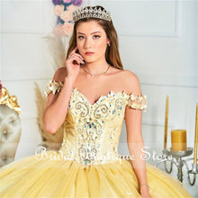 Load image into Gallery viewer, Princess Yellow Quinceanera Dress 2021 Off Shoulder Appliques Lace Party Prom Sweet 16 Gown Vestidos De 15 Años