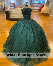 Load image into Gallery viewer, Shining Dark Green Ball Gown Quinceanera Dresses Cape Sleeve Appliques Beaded Sweet 15 16 Dress Sweetheart vestidos de xv años