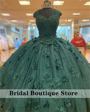 Load image into Gallery viewer, Shining Dark Green Ball Gown Quinceanera Dresses Cape Sleeve Appliques Beaded Sweet 15 16 Dress Sweetheart vestidos de xv años