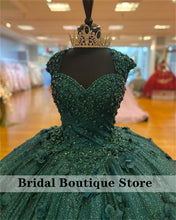 Load image into Gallery viewer, Shining Dark Green Ball Gown Quinceanera Dresses Cape Sleeve Appliques Beaded Sweet 15 16 Dress Sweetheart vestidos de xv años