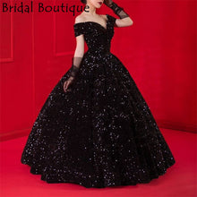 Load image into Gallery viewer, Princess Ball Gown Black Quinceanera Dresses Off Shoulder Sequins Evening Gowns Sweet 16 Girls Prom Gowns 2021