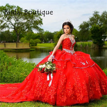 Load image into Gallery viewer, Red Ball Gown Quinceanera Dress Beaded Sparkly Lace Pageant Party Dress Mexican Girl Birthday Gown