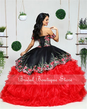 Load image into Gallery viewer, Mexican Charro Black Quinceanera Dress Off the Shoulder Corset Back Sweet 15 16 Dresses Theme Party Prom Vestidos