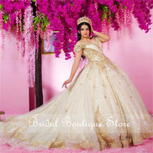Load image into Gallery viewer, Off Shoulder Champagne Gold Quinceanera Dresses Sweet 16 Dress vestidos de 15 años 2021 Lace Beaded Court Train
