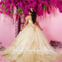 Load image into Gallery viewer, Off Shoulder Champagne Gold Quinceanera Dresses Sweet 16 Dress vestidos de 15 años 2021 Lace Beaded Court Train