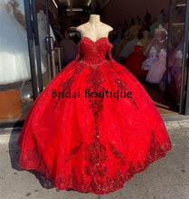 Load image into Gallery viewer, Real Photos Red Organza Sweet 16 Quinceanera Dress Sequined Applique Beaded Sweetheart Pageant Dress Mexican Girl Birthday Gown