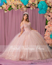 Load image into Gallery viewer, Off Shoulder Lace Pink Quinceanera Dresses Flowers 2021 Floral Lace Ruffle Lace-up Graduation Dress For High School