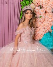 Load image into Gallery viewer, Off Shoulder Lace Pink Quinceanera Dresses Flowers 2021 Floral Lace Ruffle Lace-up Graduation Dress For High School