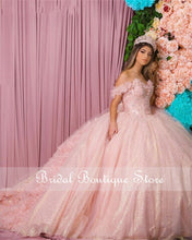 Load image into Gallery viewer, Off Shoulder Lace Pink Quinceanera Dresses Flowers 2021 Floral Lace Ruffle Lace-up Graduation Dress For High School