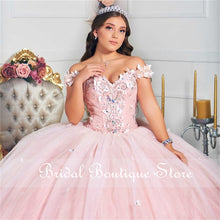 Load image into Gallery viewer, Princess Pink Quinceanera Dress 2021 Off Shoulder Appliques Lace Party Prom Sweet 16 Gown Vestidos De 15 Años