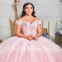Load image into Gallery viewer, Princess Pink Quinceanera Dress 2021 Off Shoulder Appliques Lace Party Prom Sweet 16 Gown Vestidos De 15 Años