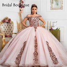 Load image into Gallery viewer, Rose Gold Sequined Tulle Quinceanera Dresses Off Shoulder Blush Pink Sweet 16 Dress Pageant Gowns vestidos de 15 años 2021