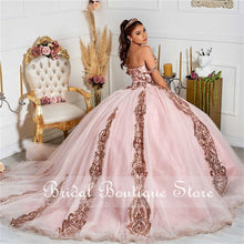 Load image into Gallery viewer, Rose Gold Sequined Tulle Quinceanera Dresses Off Shoulder Blush Pink Sweet 16 Dress Pageant Gowns vestidos de 15 años 2021