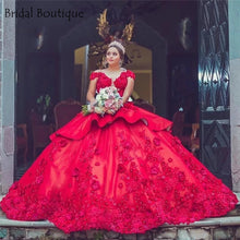 Load image into Gallery viewer, Elegant Red Mexican Quinceanera Dresses 2021 Scoop Illusion Neck Lace Applique Flower Ball Gown Sweet 15 16 Dress Vestidos De 15