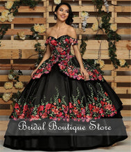 Load image into Gallery viewer, Vestidos de 15 años Black Quinceanera Dresses with Flowers Applique Off Shoulder Sweet 16 Dress Lace-Up Back Mexican Gowns