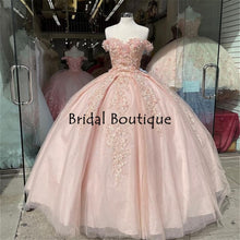Load image into Gallery viewer, Pink Off Shoulder Quinceanera Dress Lace-up Back Ball Gown Flowers Applique Tulle Sweet 16 Dresses Vestidos De 15 Años