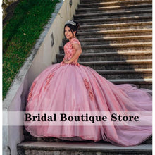 Load image into Gallery viewer, Princess Off Shoulder Quinceanera Dress Lace-up Back Ball Gown Flowers Applique Tulle Sweet 16 Dresses Vestidos De 15 Años