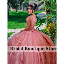 Load image into Gallery viewer, Princess Off Shoulder Quinceanera Dress Lace-up Back Ball Gown Flowers Applique Tulle Sweet 16 Dresses Vestidos De 15 Años