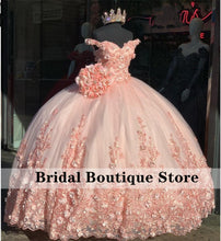 Load image into Gallery viewer, Pink Flowers Off Shoulder Quinceanera Dress Lace-up Back Ball Gown Applique Tulle Sweet 16 Dresses Vestidos De 15 Años