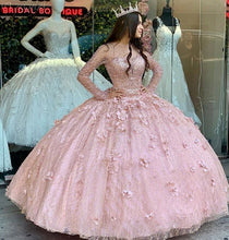 Load image into Gallery viewer, Elegant Sweet 16 Navy Blue Quinceanera Dresses Satin Sheer Long Sleeves Sparkly Sequins Puffly Plus Size Formal Pageant Dress