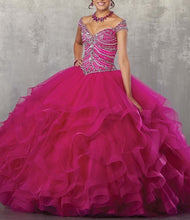 Load image into Gallery viewer, JaneVini 2019 Elegant Navy Blue Quinceanera Dresses Ball Gowns V Neck Heavy Beads Ruffles Puffy Tulle Princess Gowns Vestidos 15