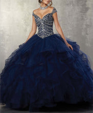 Load image into Gallery viewer, JaneVini 2019 Elegant Navy Blue Quinceanera Dresses Ball Gowns V Neck Heavy Beads Ruffles Puffy Tulle Princess Gowns Vestidos 15