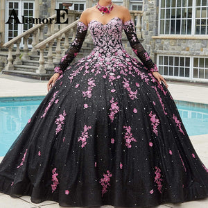 Alemore Modest Shiny Ball Gown Quinceanera Dresses Appliques Sweetheart Long Sleeves Pleat Dropping Shipping Vestido De 15 Anos