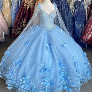 Light Sky Blue Quinceanera Dresses With Cape 2021 Sequins Beads 3D Flowers Backless Princess Sweet 16 Gown Vestidos De 15 Años