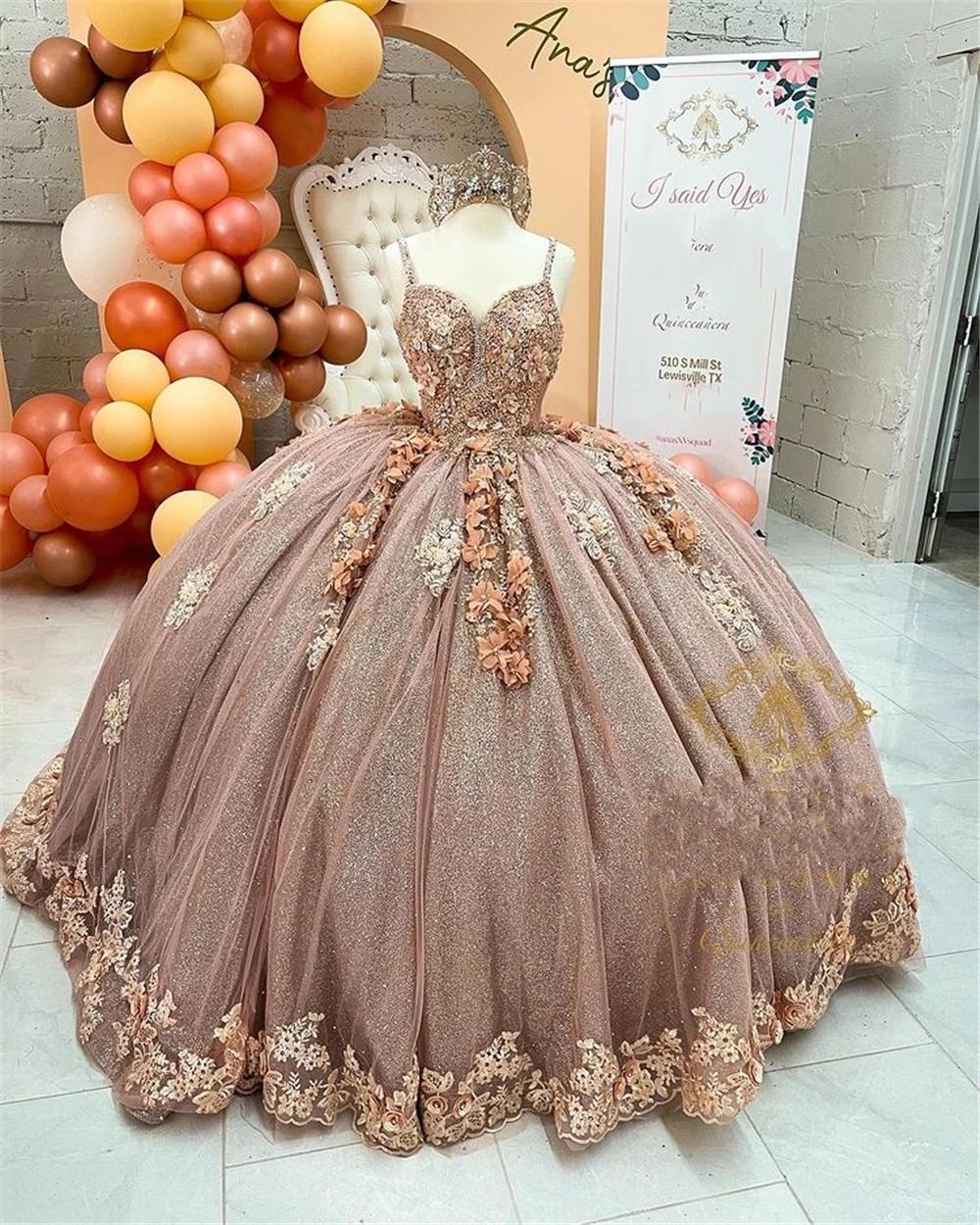 Rose Gold Beaded Puffy Quinceanera Dresses handmade flower lace Backle Twins Designss Rose Gold Beaded Puffy Quinceanera Dresses handmade flower lace Backle Twins Designss